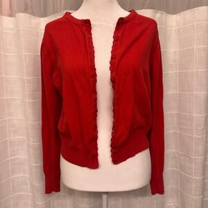 Cabi Red Scalloped Trim Button Front Cardigan Sweater Medium